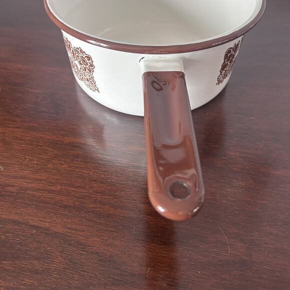 Vintage 1970s Enamel Brown/white Flower Pattern Sauce Pan (no Lid) - Picture 6 of 6